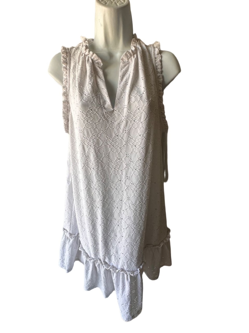Michael Michael Kors White Eyelet Mini Dress Ruffled Trim Sleeveless Size L